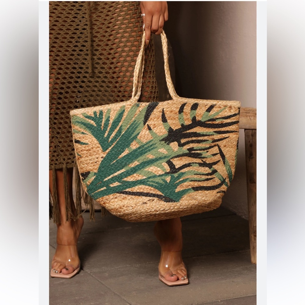 OLIVIA MILLER Tropical Palm Leaf Straw Tote Bag